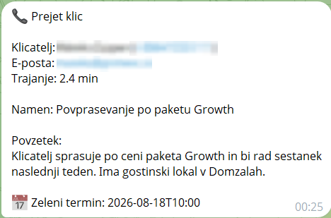 Klic, ki se javi sam — Receptor sprejme klic, zapiše namen, povzame pogovor in predlaga termi
