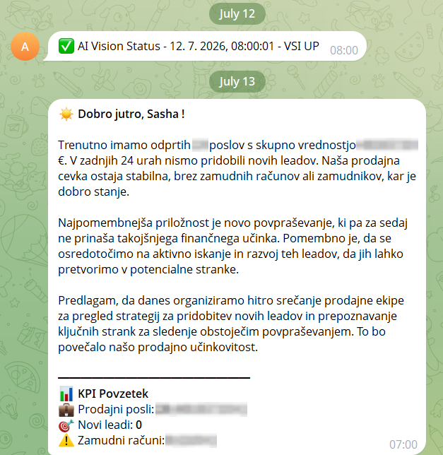 Jutranji povzetek, ki sam presodi — Sistem prebere stanje prodaje in napiše, kaj je danes najpomembneje —