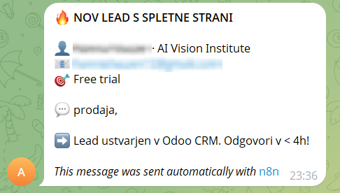 Lead s spletne strani — Oddan obrazec je v nekaj sekundah v CRM in na Telegramu, skupaj z roko