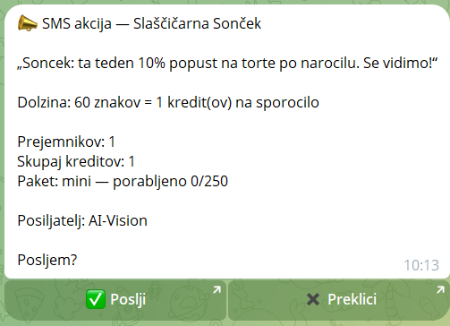 SMS akcija čaka na vašo potrditev — Sistem pripravi besedilo, prešteje znake in kredite ter počaka. Brez v